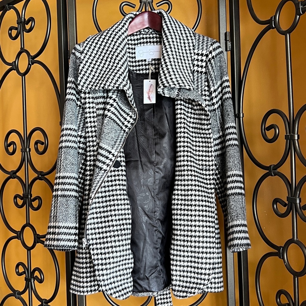 JESSICA SIMPSON Checker Plaid Wool Wrap Zipper Coat - Picture 11 of 16